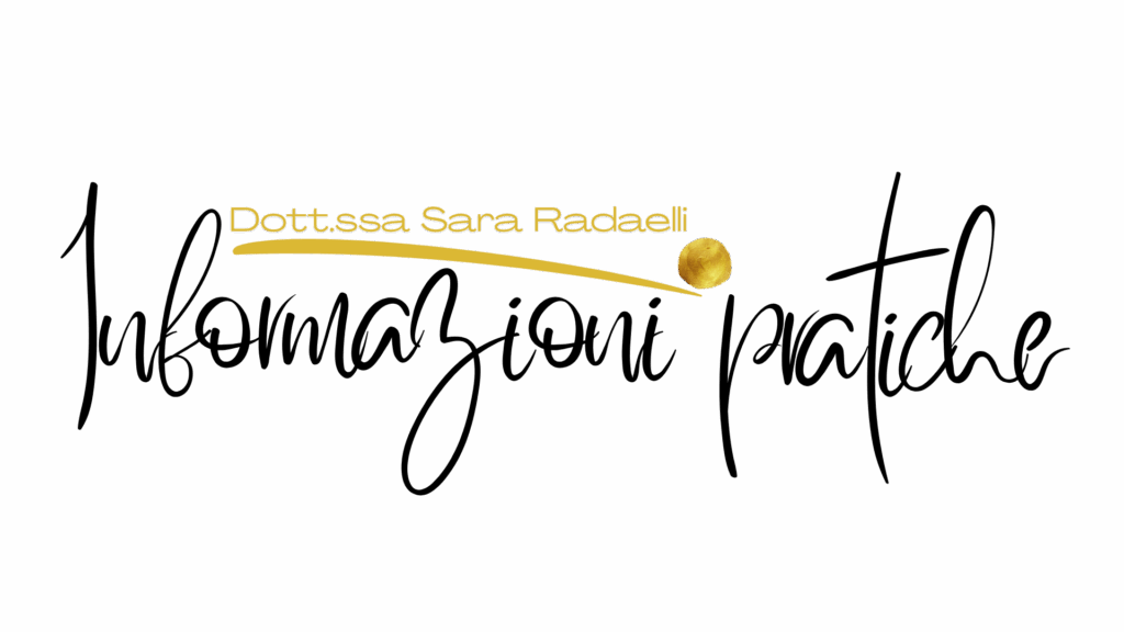 Titolo grafico u0022Informazioni pratiche, Dott.ssa Sara Radaelliu0022 su sfondo neutro, che introduce i dettagli del servizio psicologico.